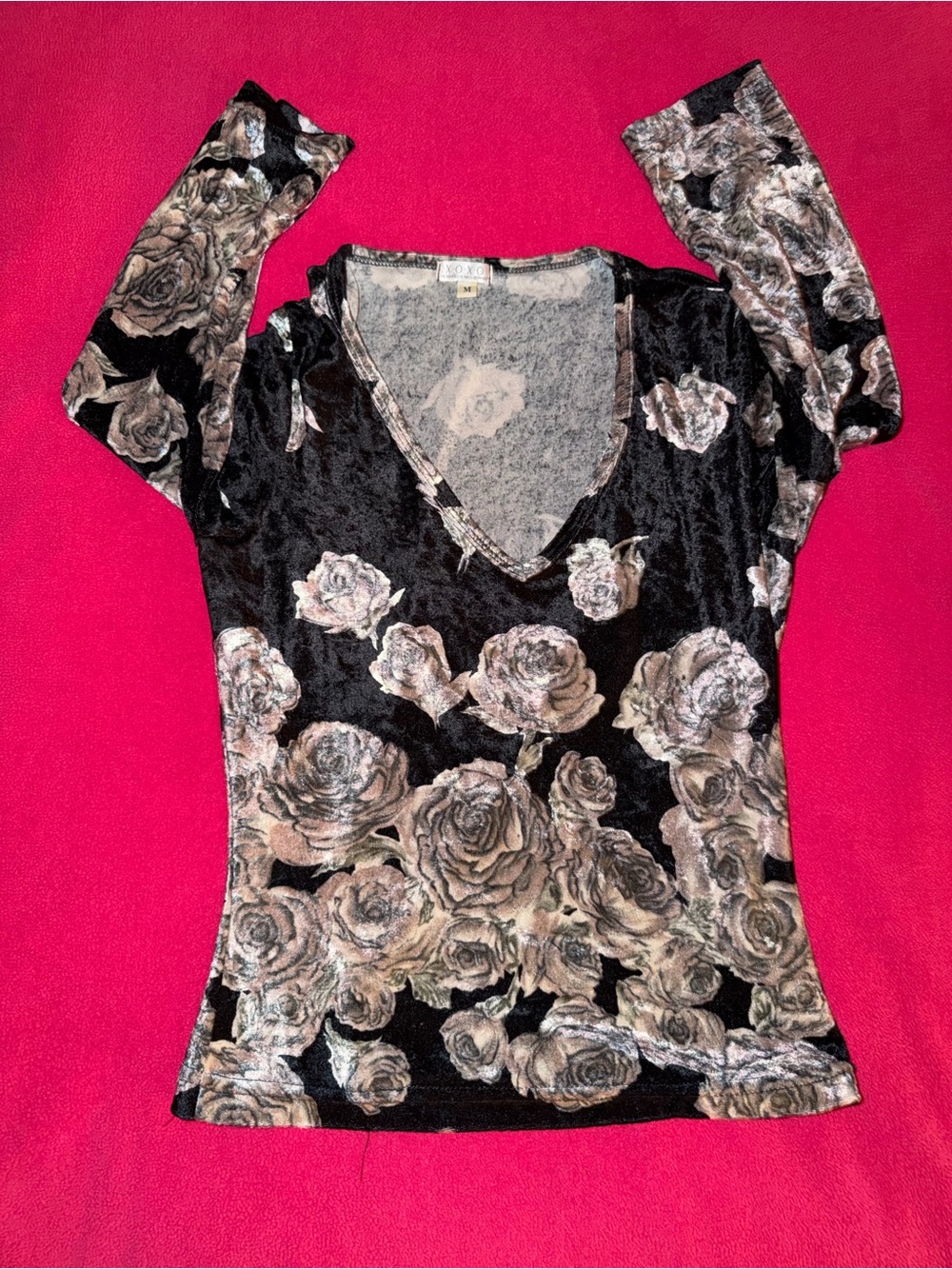 XOXO Women’s Black Velour 3/4 Sleeve V-Neck Top with Rose Print